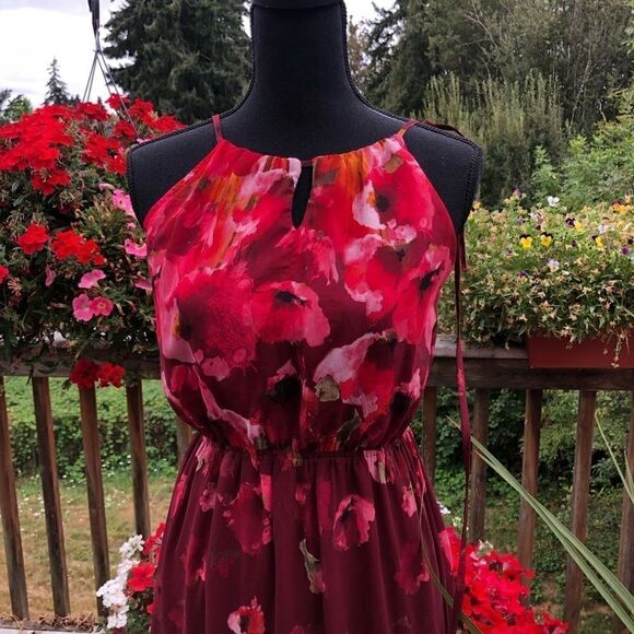 Red Floral Chiffon Maxi Dress - Picture 4 of 8